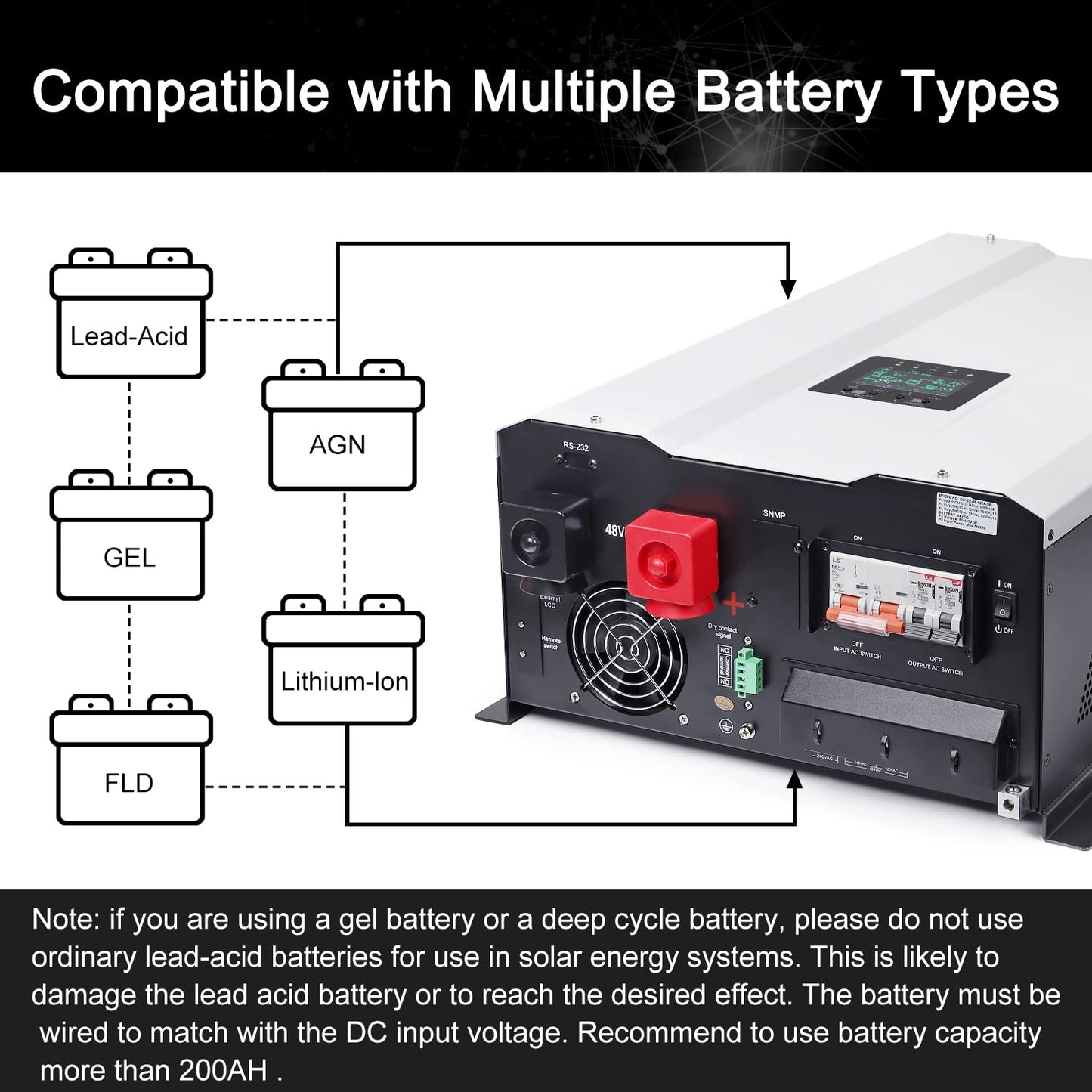 UL1741 8KW 48 Volt Solar Inverter Charger, DC 48V AC Input 240V AC Output 120V/240V Power Pure Sine Wave Power Inverter, 2x60A MPPT Solar Charger, Charge Current 200A