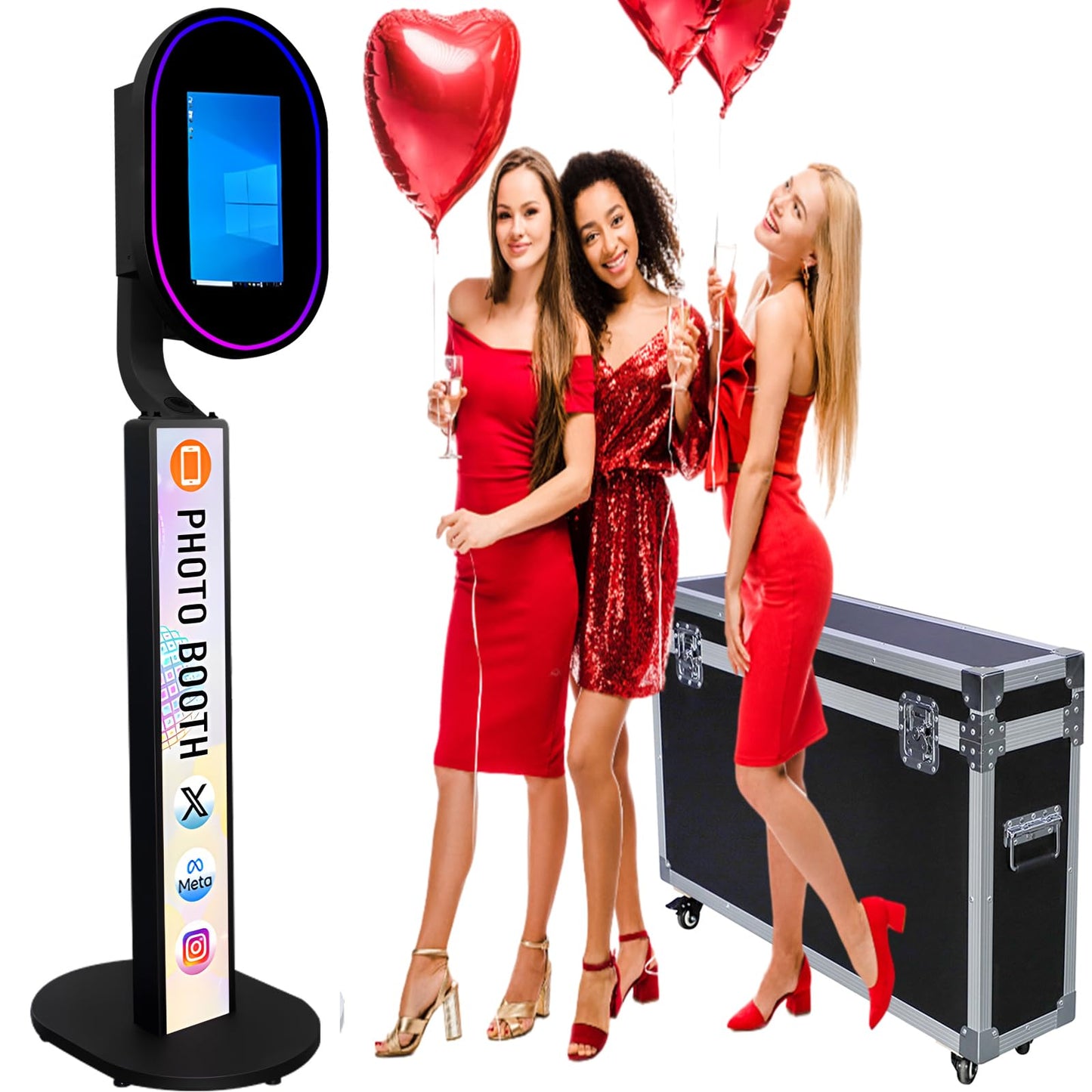 13.3 Inch Portable Mirror Photo Booth for Canon 2000D,1500D Camera Magic Shell Stand Selfie Photobooth Machine Touch Screen with Round Ring Light and Flight Case for Wedding Rental