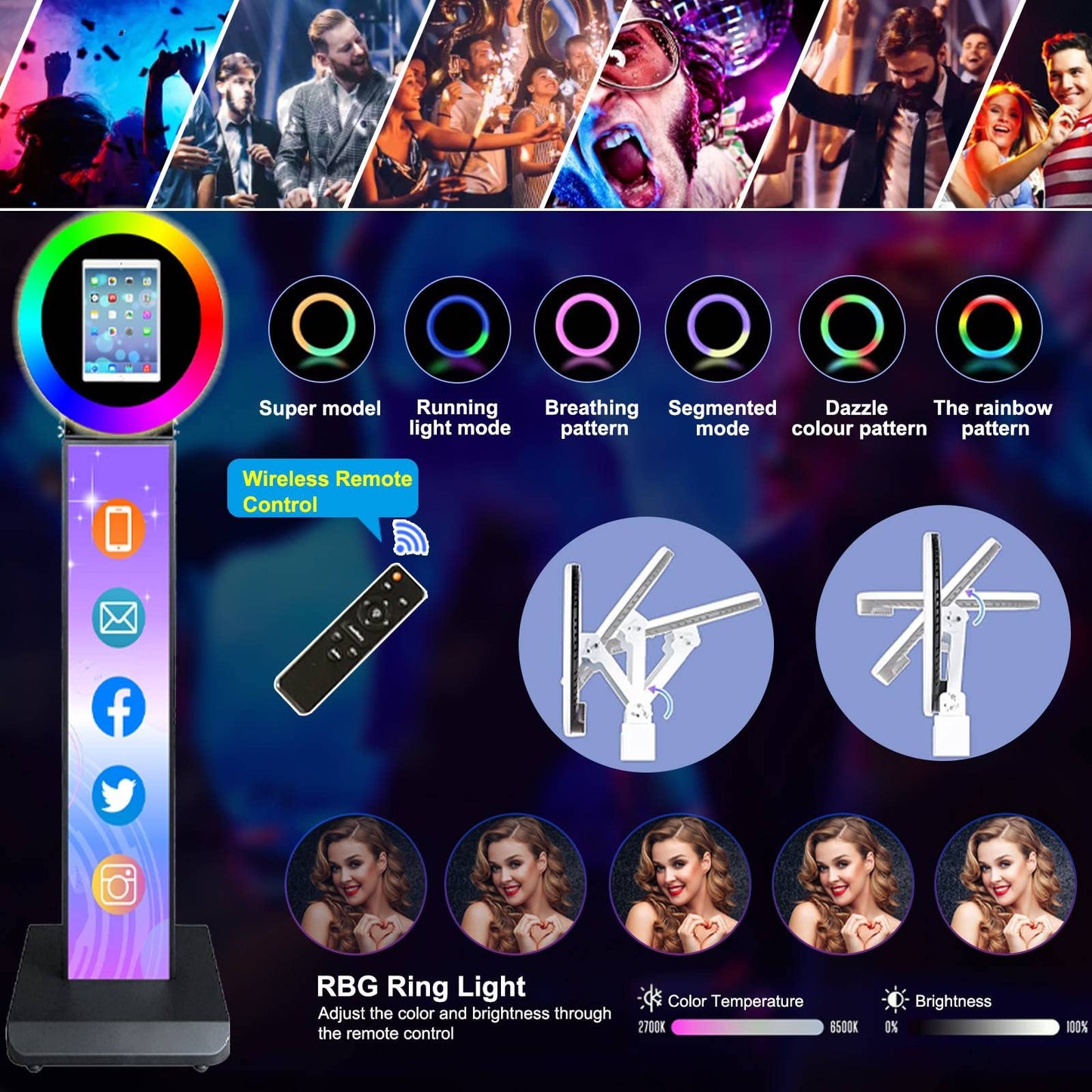 Photo Booth for IPad 10.2" 10.9" 11" 12.9" Shell Stand Selfie Photobooth Machine with Custom Logo Ring Light Remote Control and Flight Case for Events Wedding Parties Rental