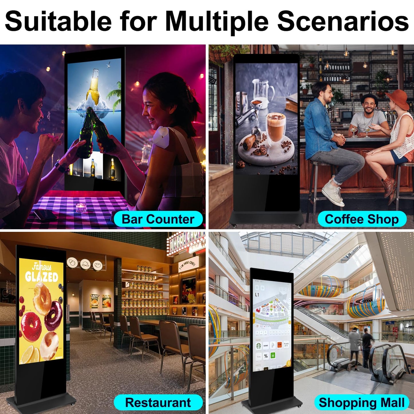 Digital Signage Displays Kiosks Advertizing Screen IPS Full HD LCD Screen Floor Standing Digital Interactive Display with WiFi HDMI/USB Input Auto AD Player, Android OS