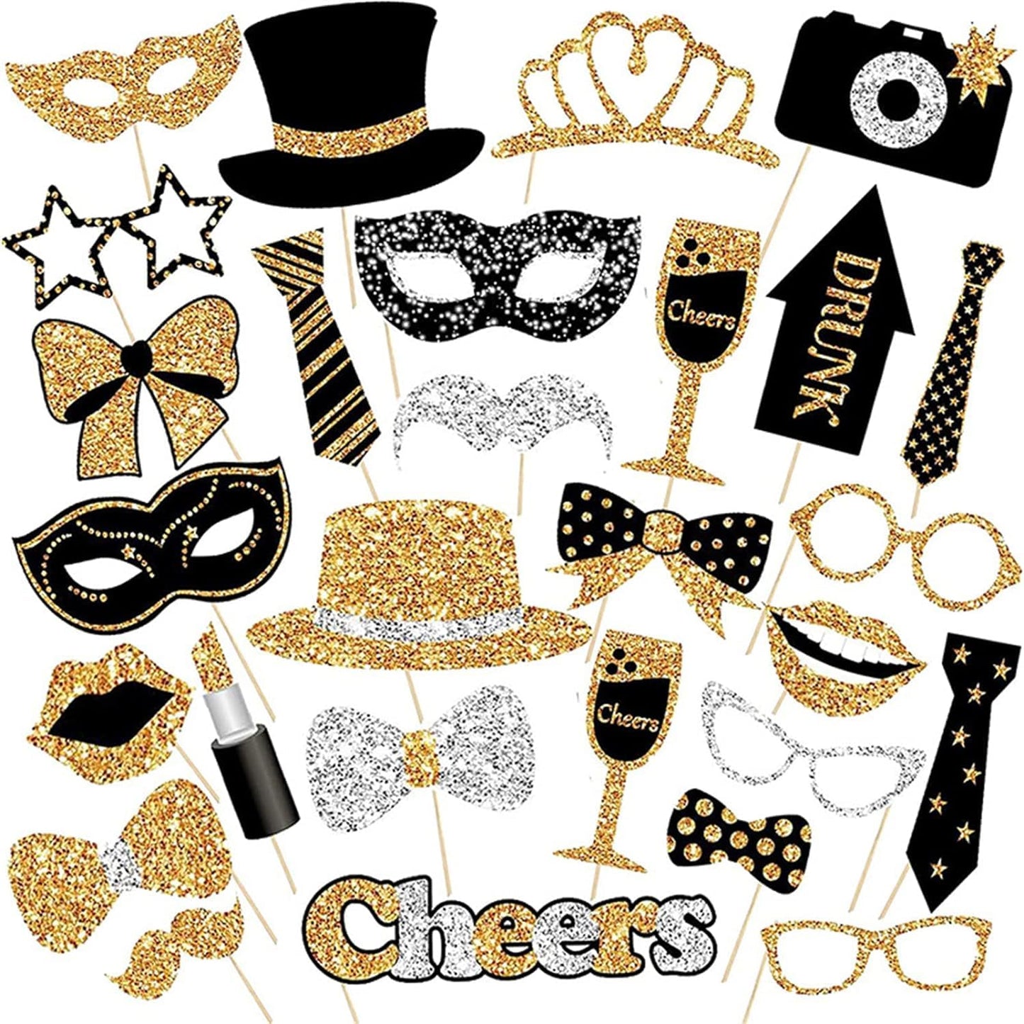 30 PCS Photo Booth Props Party Prop Photoshoot Black and Gold Photobooth Picture Pose Sign Kit Supplies for Weddings Happy Birthday Graduation Prom Christmas