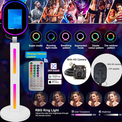 ROOMEDAL 13.3 In Portable Touch Mirror Photo Booth Built-in Mini PC & Camera Photo Booth with Round Ring Light and Trolley Flight Case for Events Wedding Rental Business
