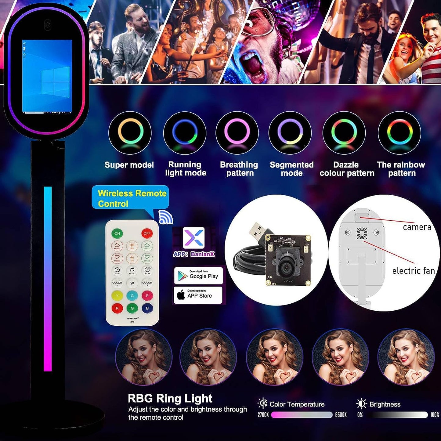 ROOMEDAL 13.3 In Portable Touch Mirror Photo Booth Built-in Mini PC & Camera Photo Booth with Round Ring Light and Flight Case for Events Wedding Rental Business