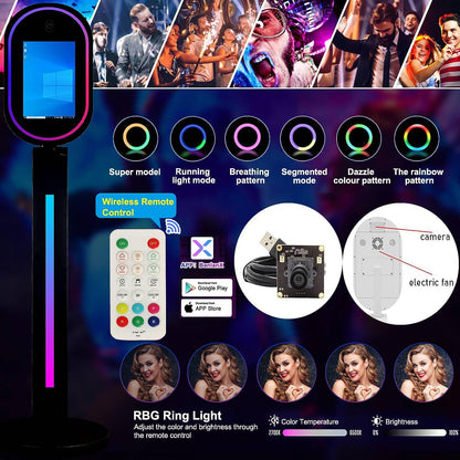 ROOMEDAL 13.3 In Portable Touch Mirror Photo Booth Built-in Mini PC & Camera Photo Booth with Round Ring Light and Flight Case for Events Wedding Rental Business