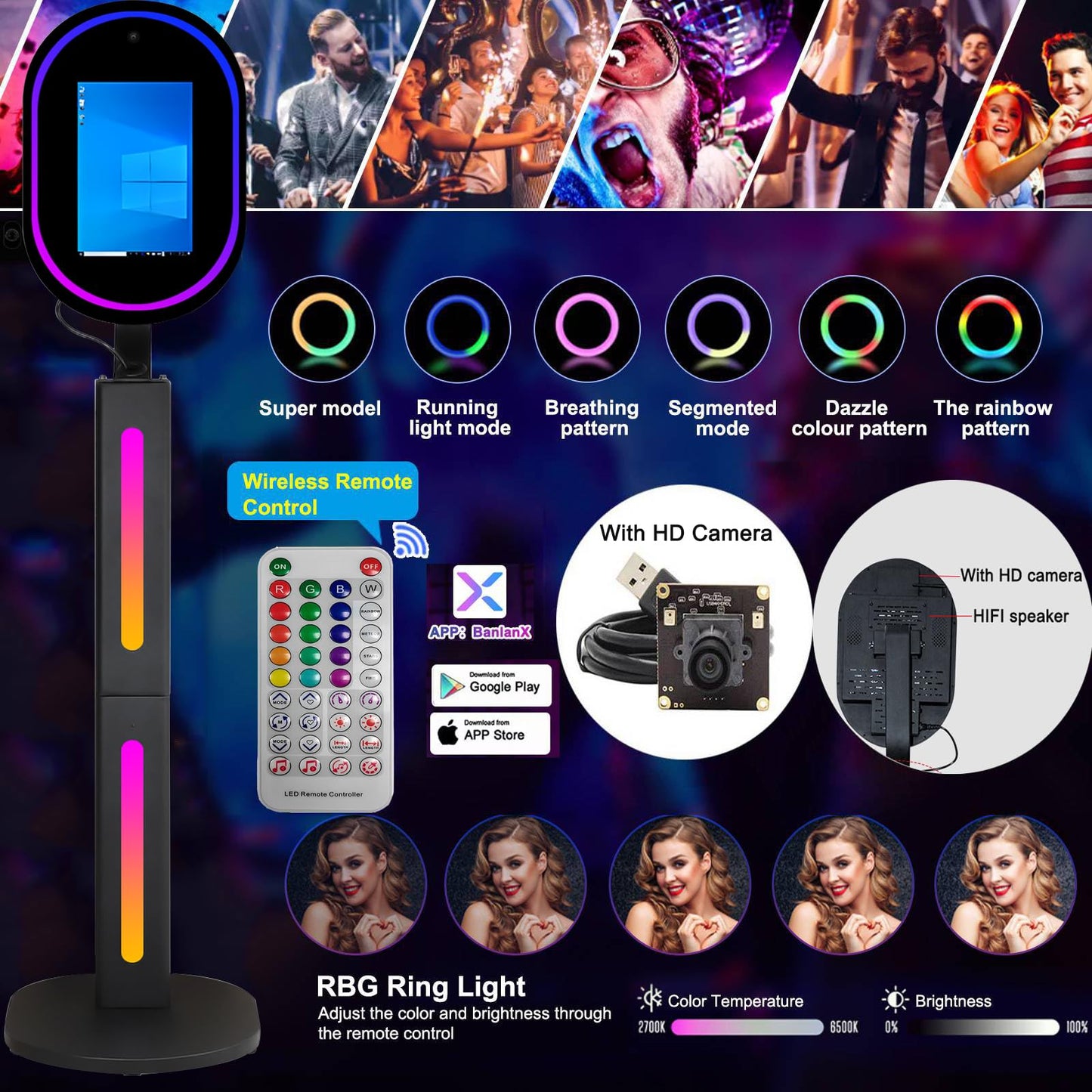 Mirror Photo Booth with Camera and APP Software Magic Selfie Station Shell Stand Photobooth Machine Touch Screen with Ring Light and Trolley Flight Case for Events Wedding Rental Christmas