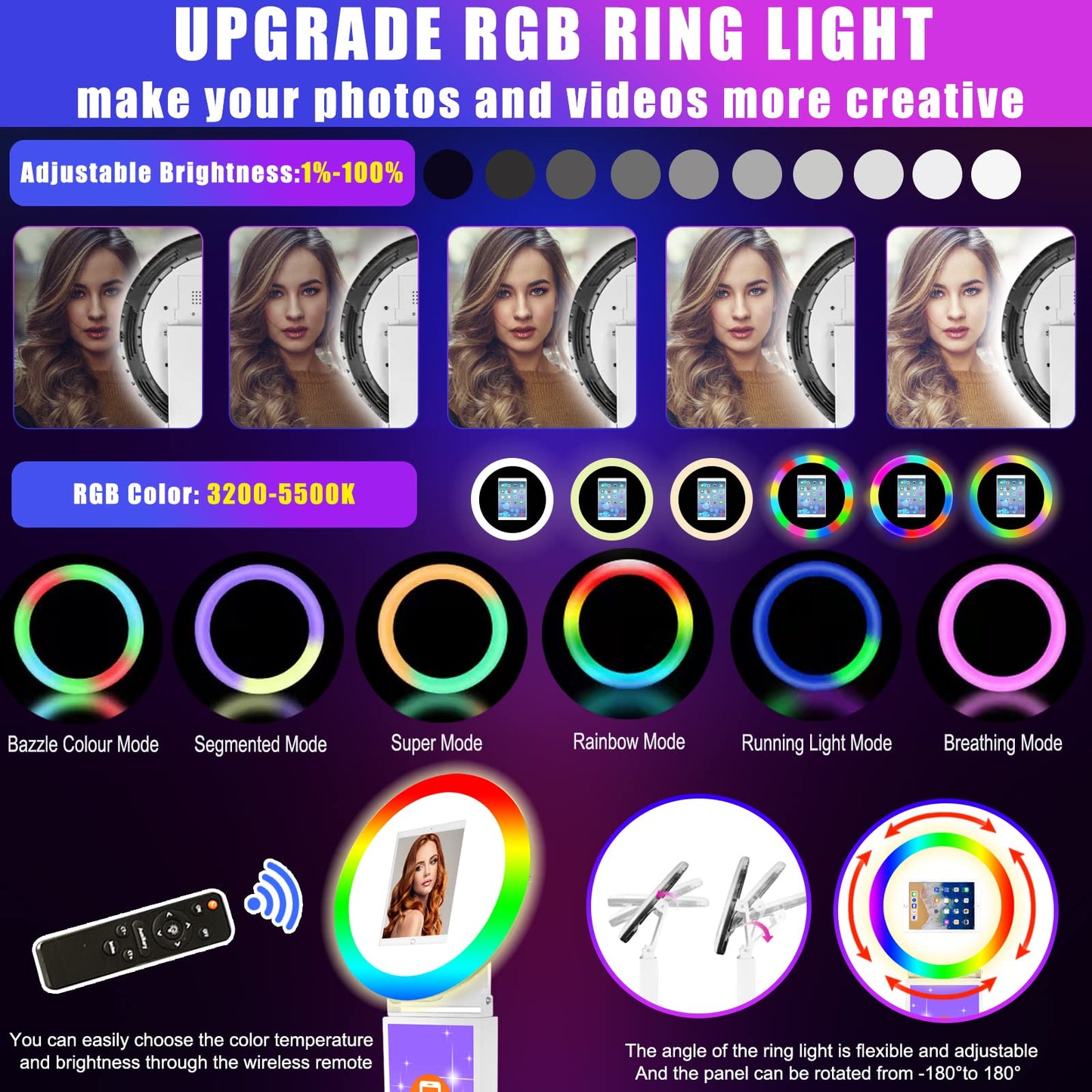 Portable Photo Booth for iPad 10.2in 10.9in 11in 12.9in, Metal Shell Selfie Station photobooth Machine,RGB Ring Light,Free Custom Logo,Remote Control,for Parties,Wedding,Exhibition