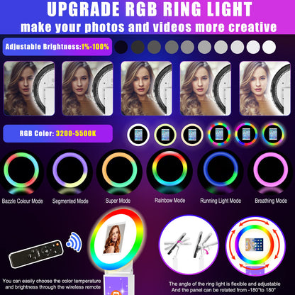 Portable Photo Booth for iPad 10.2in 10.9in 11in 12.9in, Metal Shell Selfie Station photobooth Machine,RGB Ring Light,Free Custom Logo,Remote Control,for Parties,Wedding,Exhibition