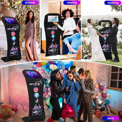 Photo Booth for iPad Holder Stands Sharing Shell Selfie Station with Logo Print Tension Fabric Display Tablet Kiosk Stand Printed Aluminum Alloy Photobooth with Portable Bag for Events Rental