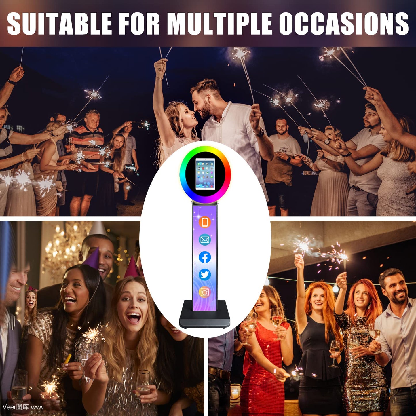 Portable Photo Booth Machine for iPad 10.2" 10.9" 11" 12.9" Shell Stand Selfie Photobooth with Custom Logo RGB Ring Light Remote Control and Flight Case for Parties Events Rental Wedding