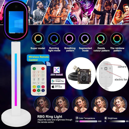 ROOMEDAL 13.3 In Portable Touch Mirror Photo Booth Built-in Mini PC & Camera Photo Booth with Round Ring Light and Flight Case for Events Wedding Rental Business