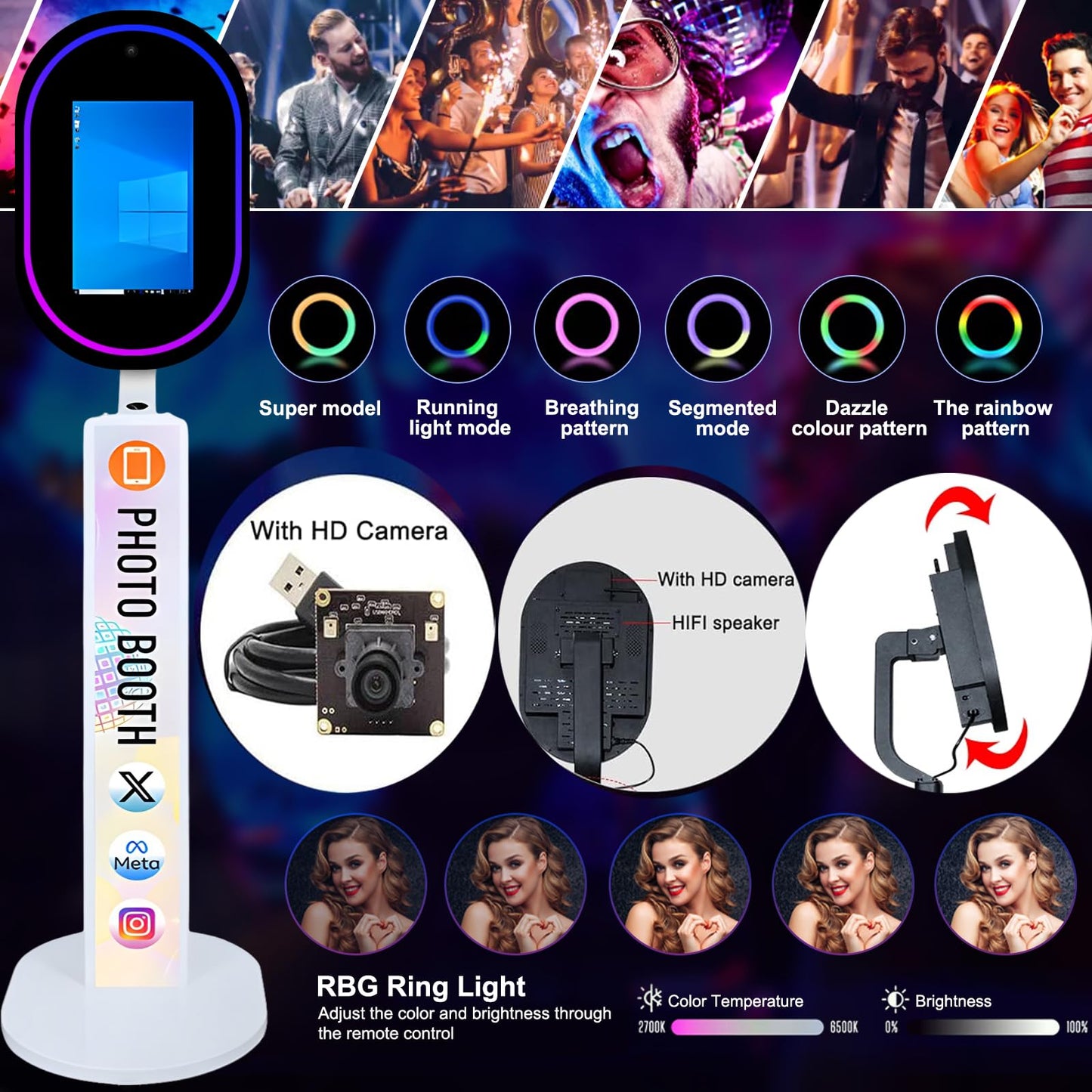 Mirror Photo Booth with Camera APP Software Magic Selfie Station Shell Stand Customized Logo Photobooth Machine Touch Screen with Ring Light and Flight Case for Events Wedding Rental