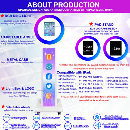Portable Photo Booth for iPad 10.2in 10.9in 11in 12.9in, Metal Shell Selfie Station photobooth Machine,RGB Ring Light,Free Custom Logo,Remote Control,for Parties,Wedding,Exhibition