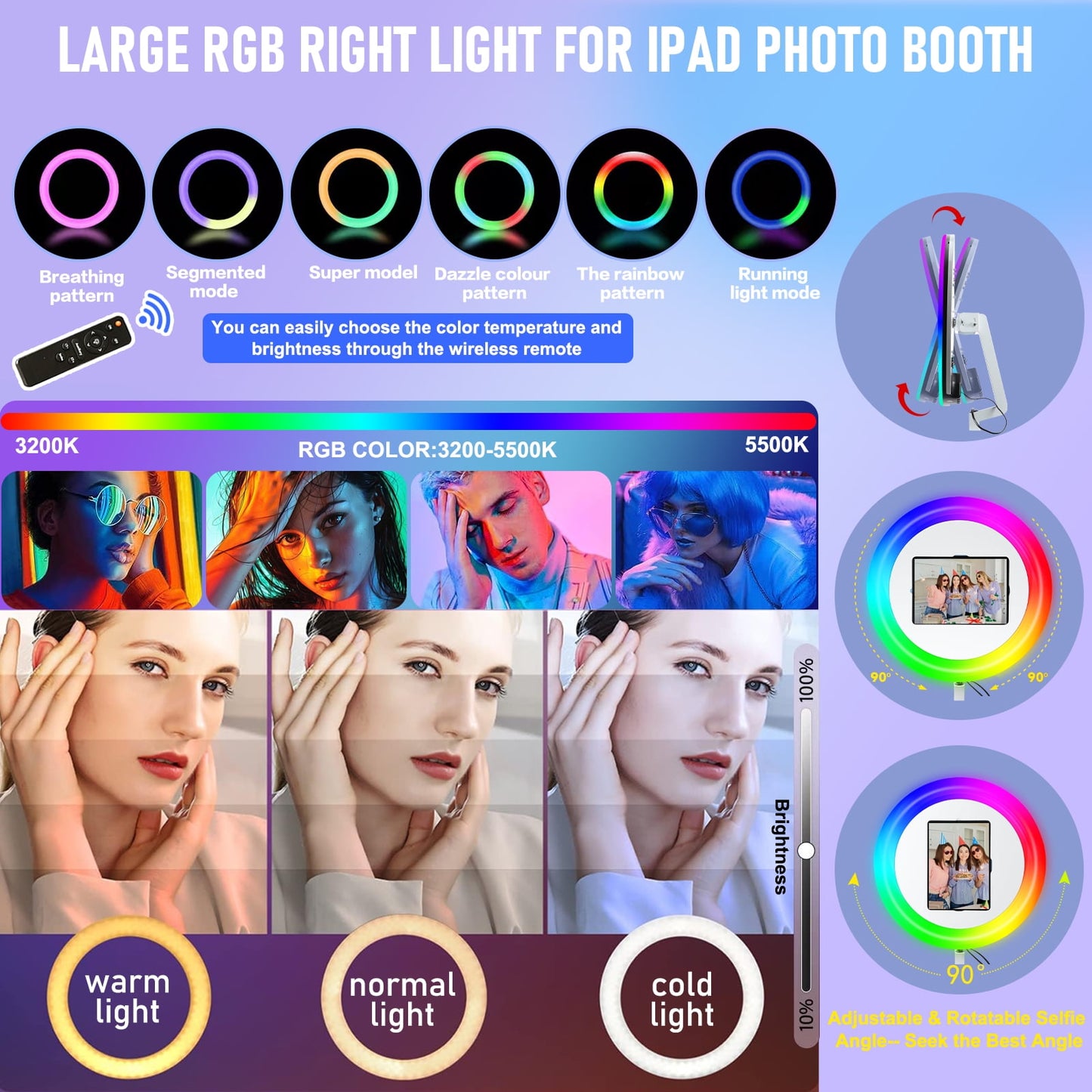 ROOMEDAL New Portable Photo Booth for IPad 10.2" 10.9" 11" 12.9" Selfie Stand Customized Logo Photobooth with RGB LED Ring Ligh for Halloween Christmas Wedding Party Events （Black）