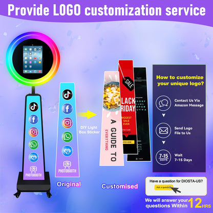 ROOMEDAL New Portable Photo Booth for IPad 10.2" 10.9" 11" 12.9" Selfie Stand Customized Logo Photobooth with RGB LED Ring Ligh for Halloween Christmas Wedding Party Events （Black）