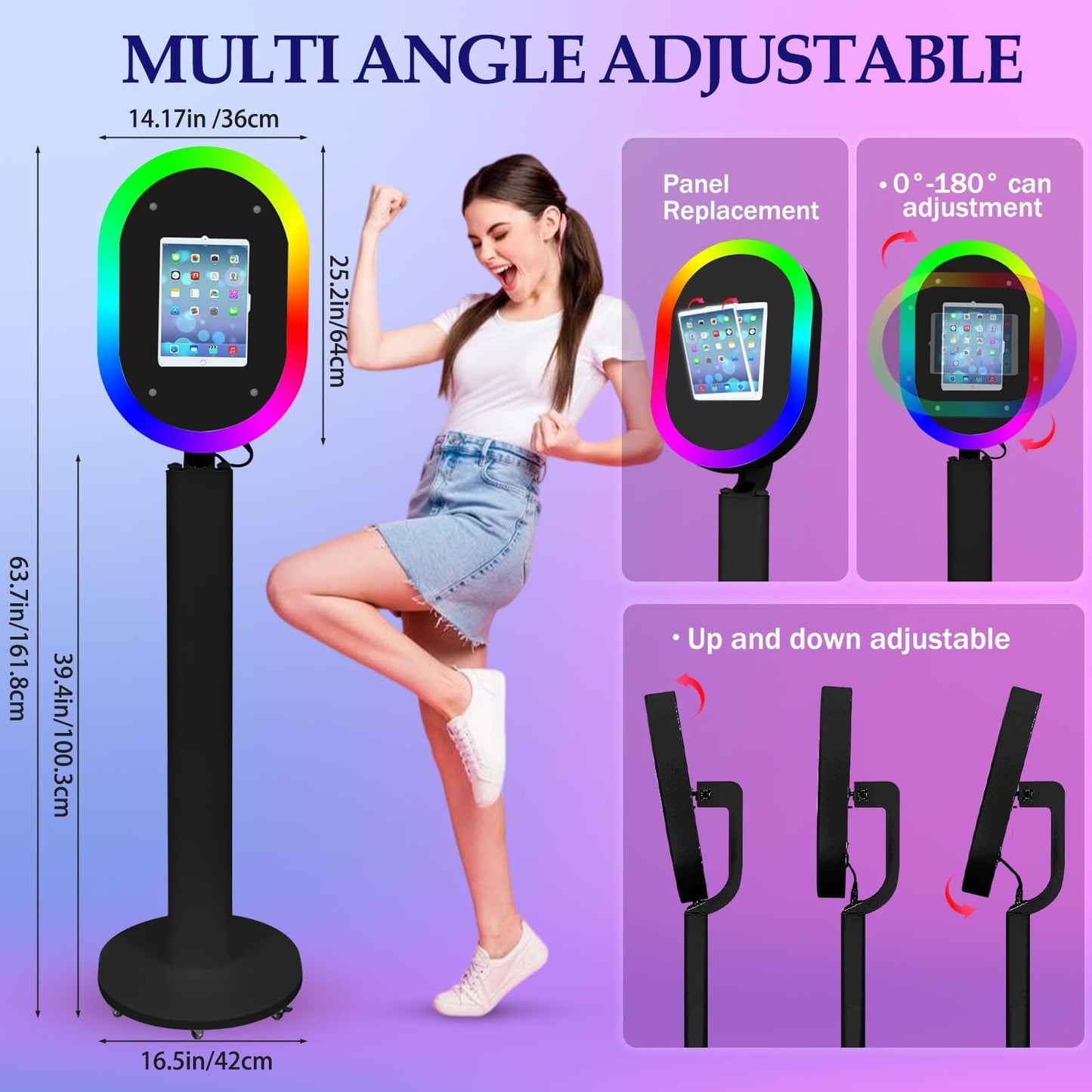 Portable iPad Photo Booth Stand with RGB Ring Light - Compatible with 10.2" to 13" iPad Pro/Air