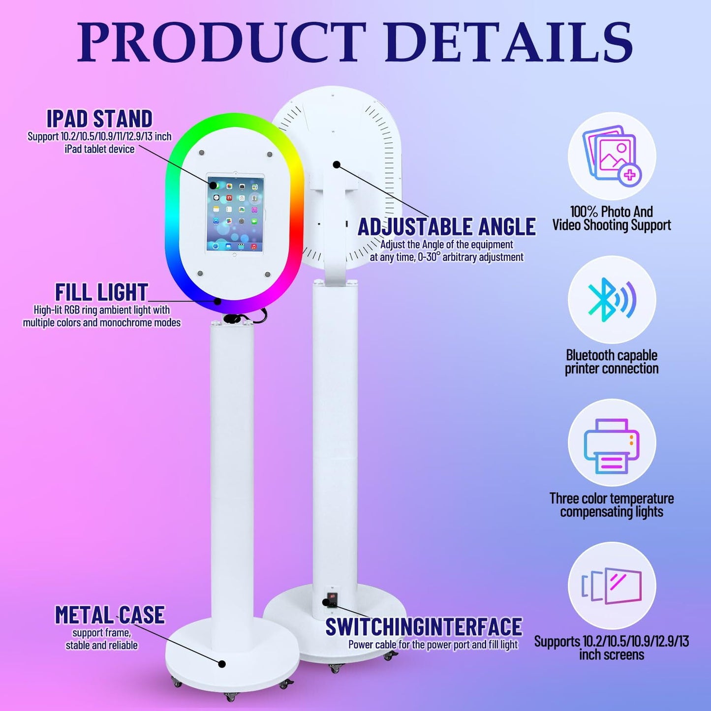 Portable iPad Photo Booth Stand with RGB Ring Light