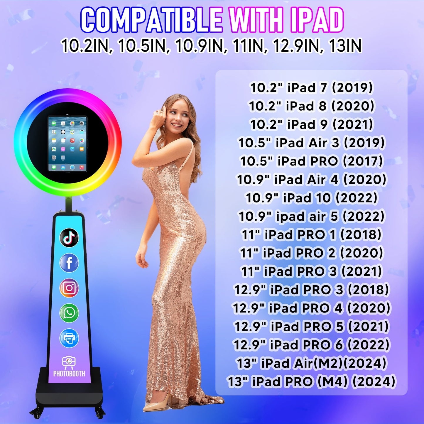 ROOMEDAL New Portable Photo Booth for IPad 10.2" 10.9" 11" 12.9" Selfie Stand Customized Logo Photobooth with RGB LED Ring Ligh for Halloween Christmas Wedding Party Events （Black）