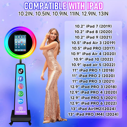 ROOMEDAL New Portable Photo Booth for IPad 10.2" 10.9" 11" 12.9" Selfie Stand Customized Logo Photobooth with RGB LED Ring Ligh for Halloween Christmas Wedding Party Events （Black）