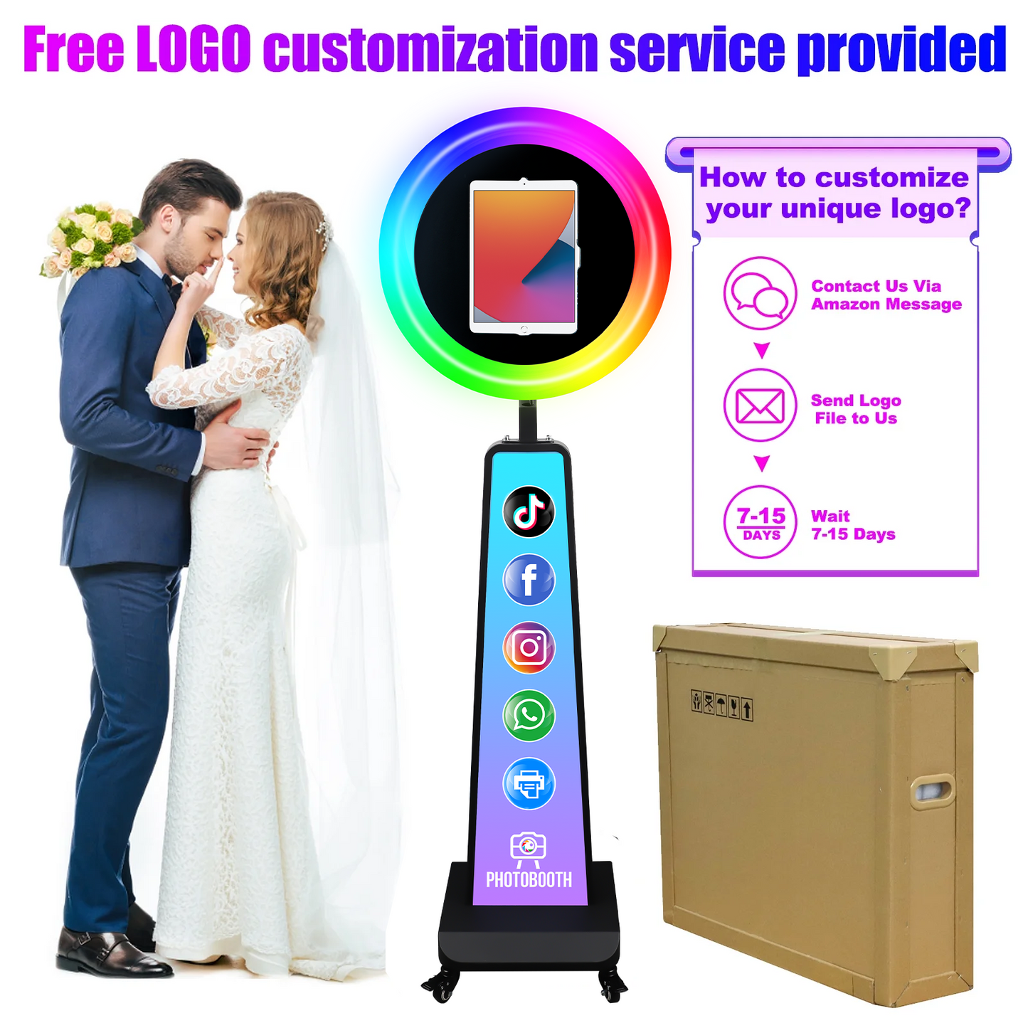 ROOMEDAL New Portable Photo Booth for IPad 10.2" 10.9" 11" 12.9" Selfie Stand Customized Logo Photobooth with RGB LED Ring Ligh for Halloween Christmas Wedding Party Events （Black）