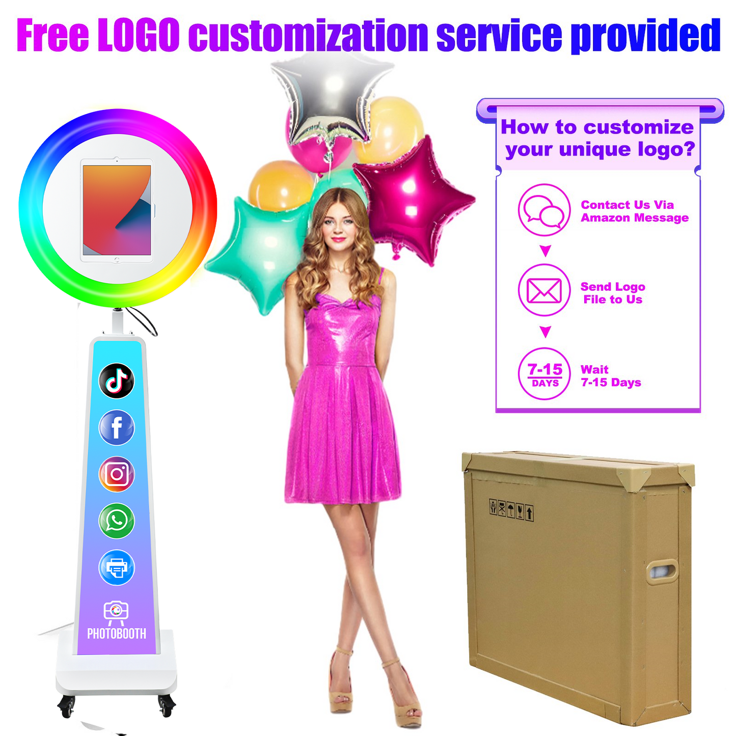 ROOMEDAL New Portable Photo Booth for IPad 10.2" 10.9" 11" 12.9" Selfie Stand Customized Logo Photobooth with RGB LED Ring Ligh for Halloween Christmas Wedding Party Events （White）