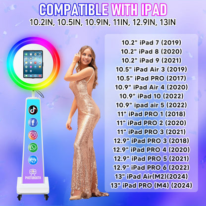 ROOMEDAL New Portable Photo Booth for IPad 10.2" 10.9" 11" 12.9" Selfie Stand Customized Logo Photobooth with RGB LED Ring Ligh for Halloween Christmas Wedding Party Events （White）