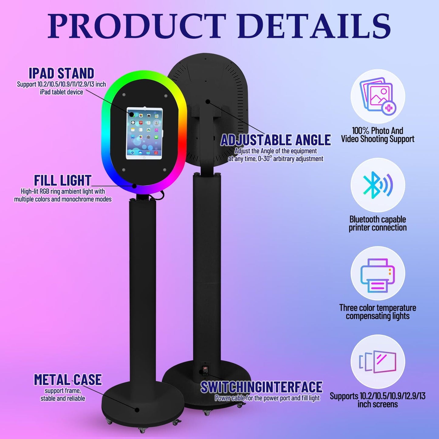 Portable iPad Photo Booth Stand with RGB Ring Light - Compatible with 10.2" to 13" iPad Pro/Air