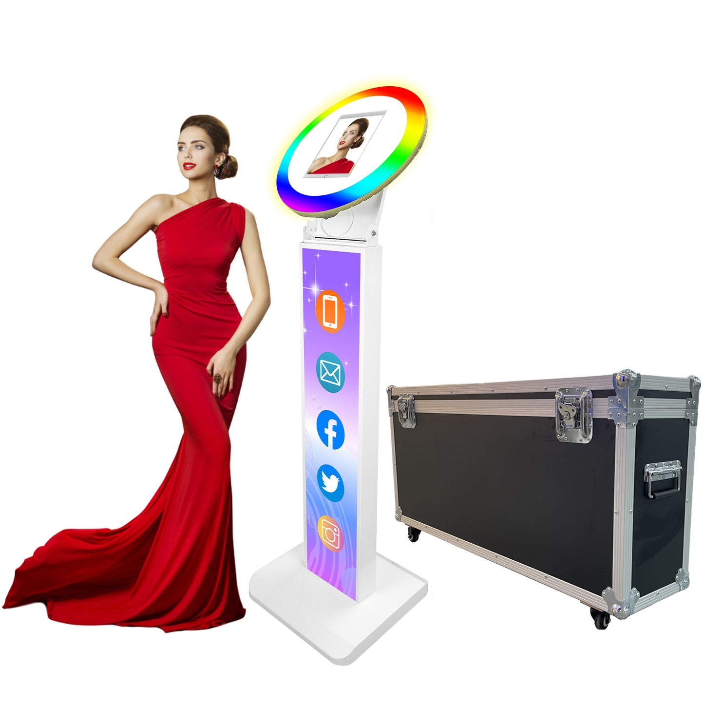 ROOMEDAL Portable iPad Photo Booth, Metal Shell Selfie photobooth Machine for 12.9'' iPad with RGB Ring Light,Free Custom Logo,Remote Control,Flight Case,for Parties,Wedding,Exhibition,Rental Business