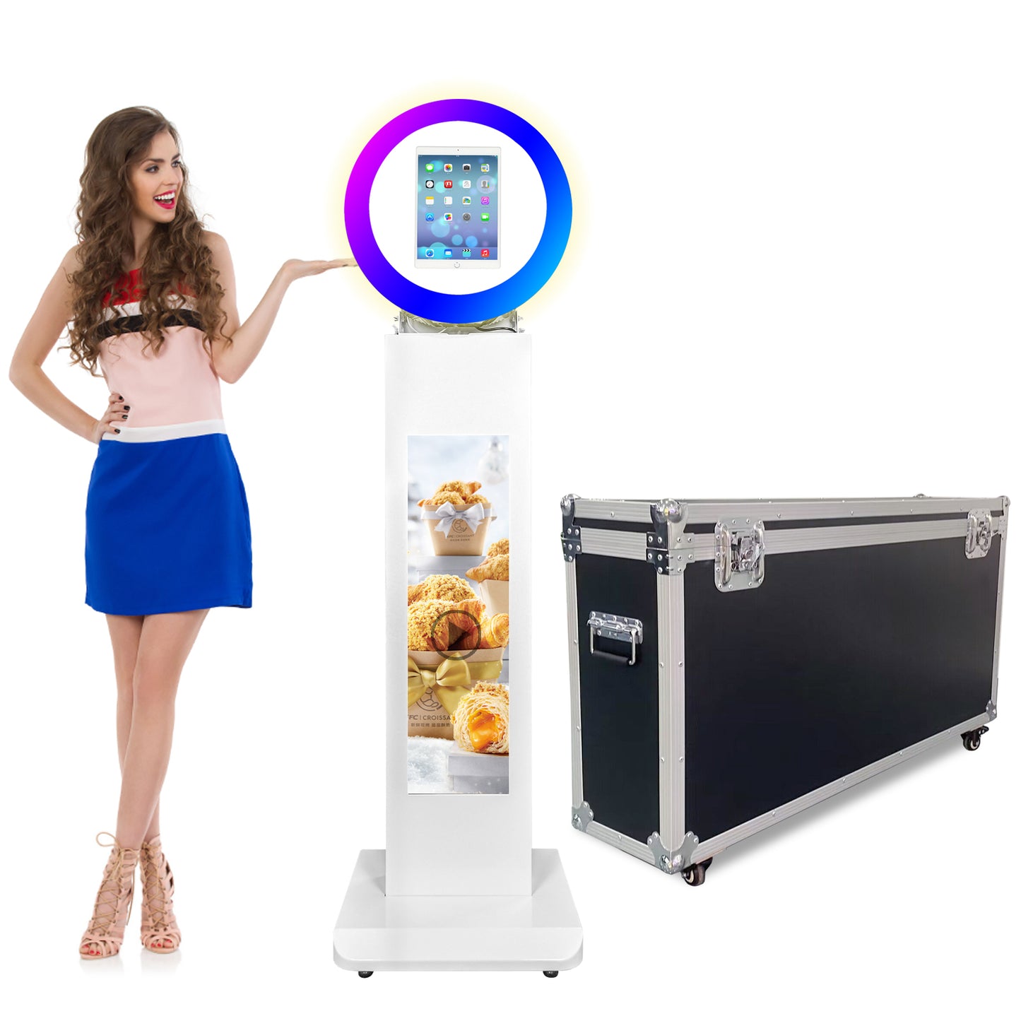 ROOMEDAL Portable iPad Photo Booth, Metal Shell Selfie photobooth Machine for 10.2'' iPad with RGB Ring Light, LCD Screen, Remote Control, Flight Case, for Parties, Wedding, Exhibition, Rental Business