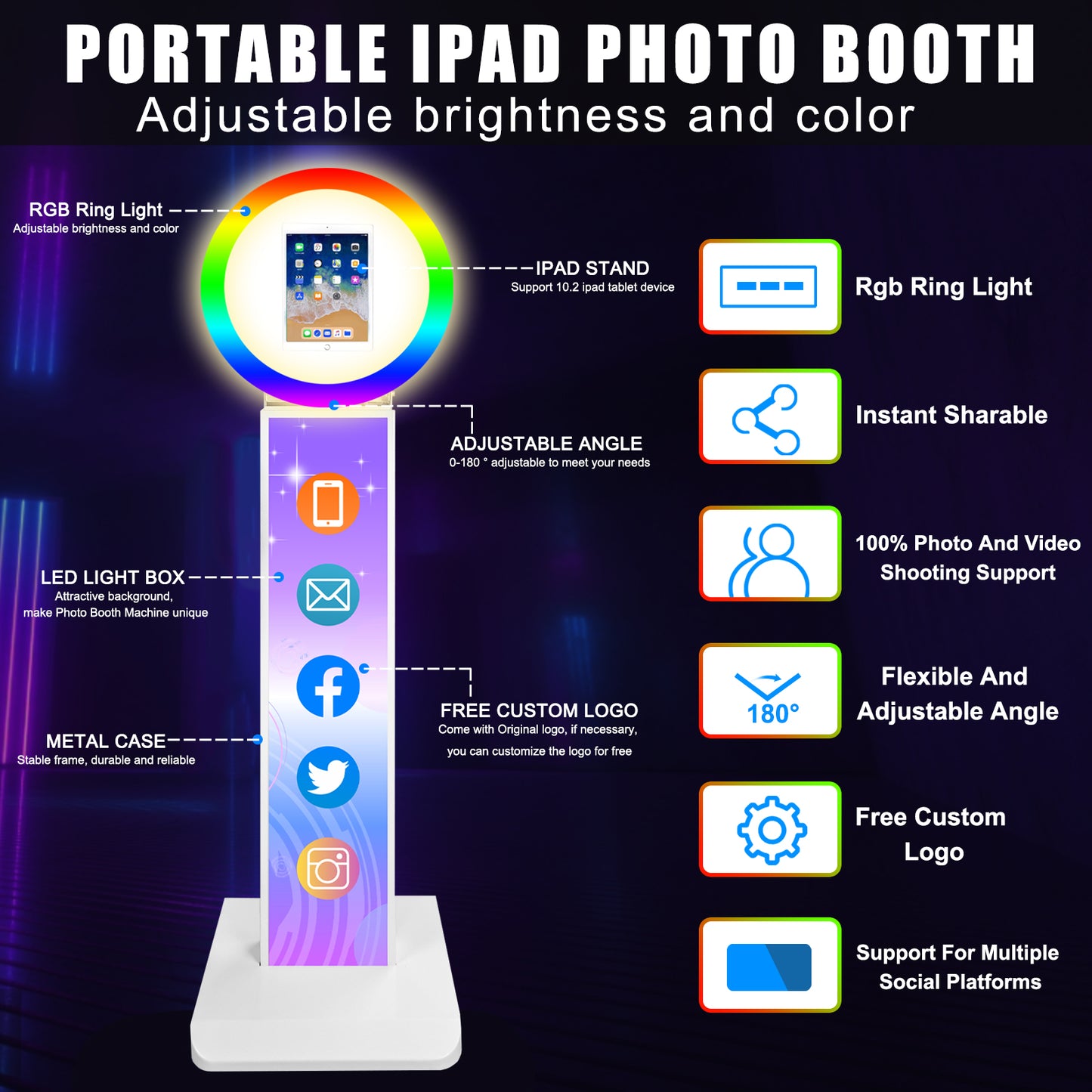 ROOMEDAL  Portable iPad Photo Booth, Metal Shell Selfie photobooth Machine for 10.2'' iPad with RGB Ring Light,Free Custom Logo,Remote Control,for Parties,Wedding,Exhibition,Rental Business