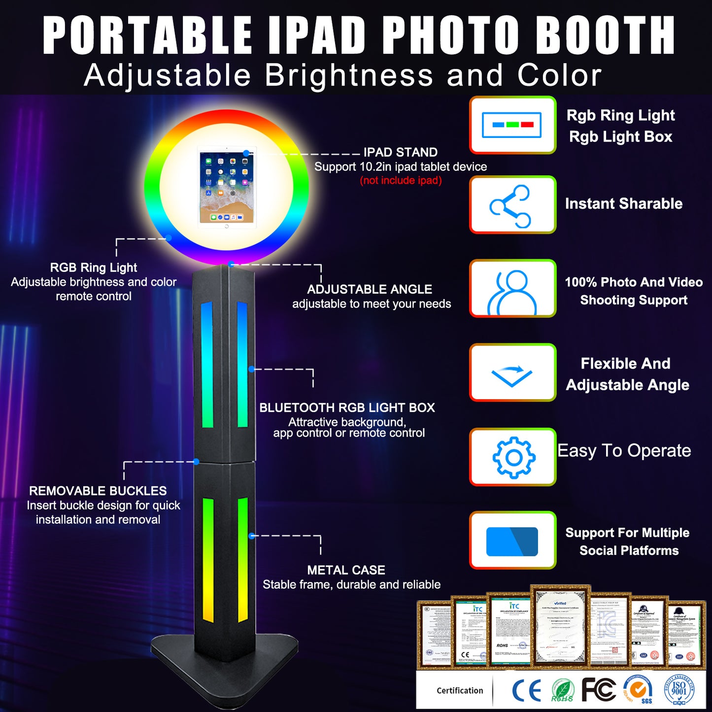 ROOMEDAL Portable Photo Booth for 10.2'' iPad,RGB Ring Light,Music Sync RGB Light Box,Bluetooth App and Remote Control,Metal Shell Selfie photobooth Machine,for Parties,Christmas,Wedding,Rental Business