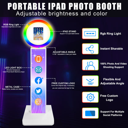 ROOMEDAL Portable iPad Photo Booth, Metal Shell Selfie photobooth Machine for 12.9'' iPad with RGB Ring Light,Free Custom Logo,Remote Control,Flight Case,for Parties,Wedding,Exhibition,Rental Business