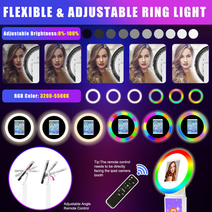 ROOMEDAL Portable iPad Photo Booth, Metal Shell Selfie photobooth Machine for 12.9'' iPad with RGB Ring Light,Free Custom Logo,Remote Control,Flight Case,for Parties,Wedding,Exhibition,Rental Business