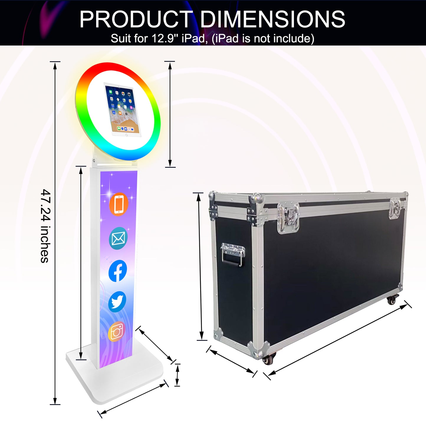 ROOMEDAL Portable iPad Photo Booth, Metal Shell Selfie photobooth Machine for 12.9'' iPad with RGB Ring Light,Free Custom Logo,Remote Control,Flight Case,for Parties,Wedding,Exhibition,Rental Business